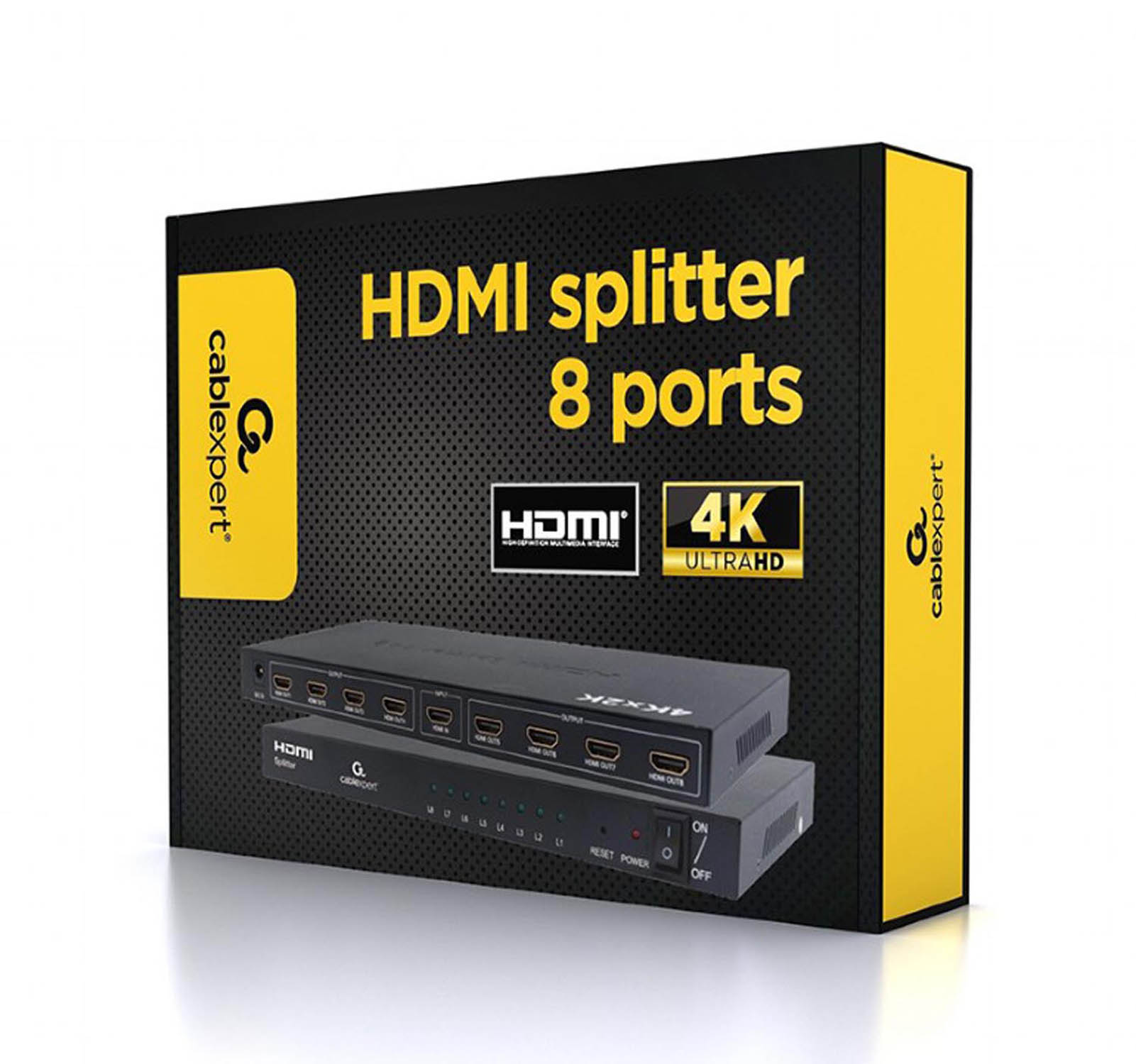 Box of an 8-port HDMI splitter, supporting 4K ULTRA HD.