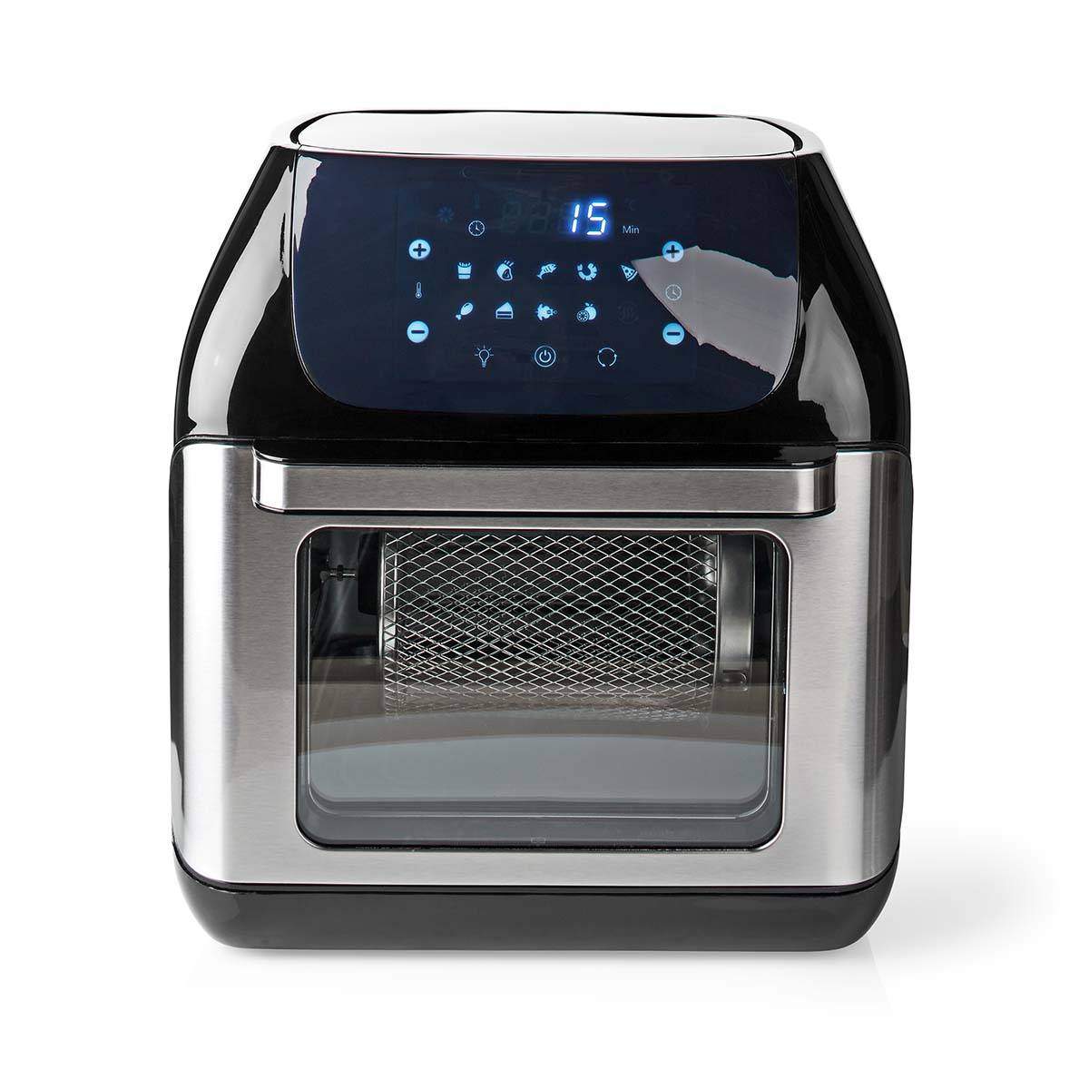 Een zwarte en zilveren airfryer oven met digitaal display en glazen venster.