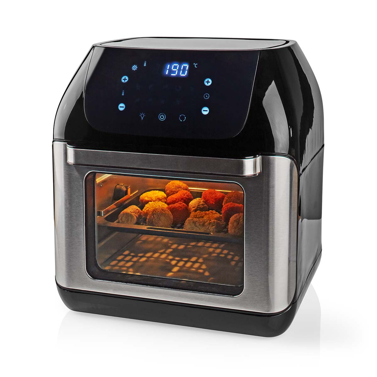 Een zwarte heteluchtfriteuse met metalen accenten die 190°C aangeeft, gevuld met gehaktballetjes.