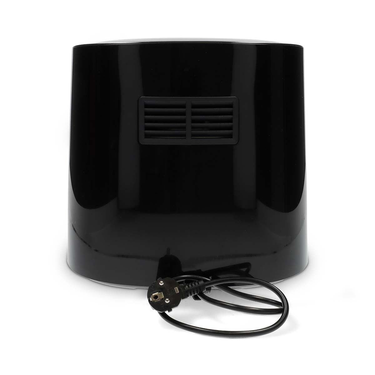 Zwarte cilindrische ventilator met ventilatieopeningen en een netsnoer.