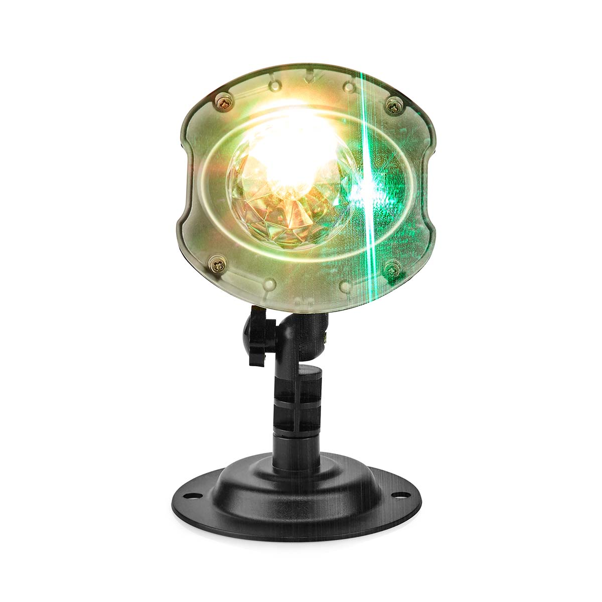 Ein beleuchteter Projektor mit einem kugelförmigen Licht und einem Metallgehäuse.