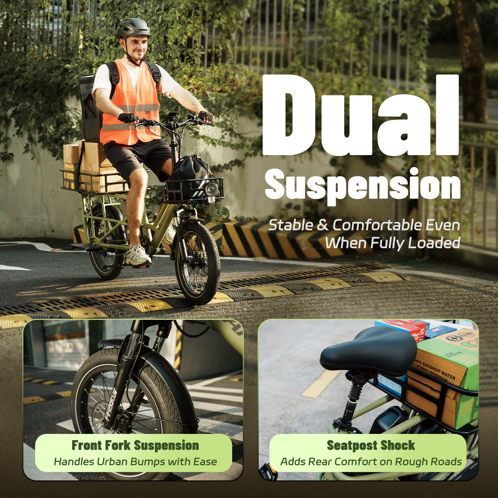 Mężczyzna na rowerze elektrycznym z bagażem i kamizelką odblaskową, tekst: Dual Suspension