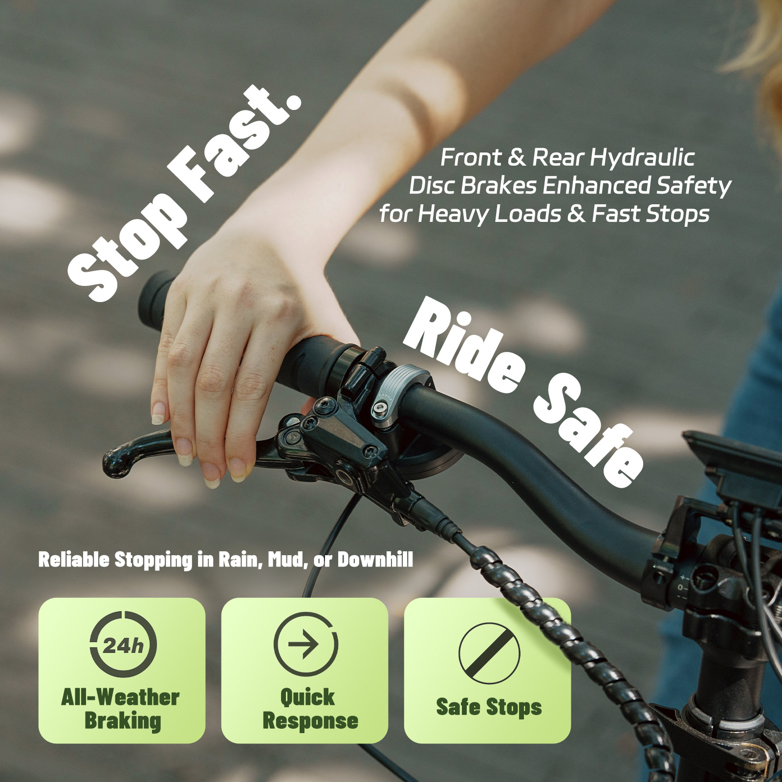 Ręka na kierownicy roweru z napisem 'Stop Fast', 'Ride Safe' i ikonami.