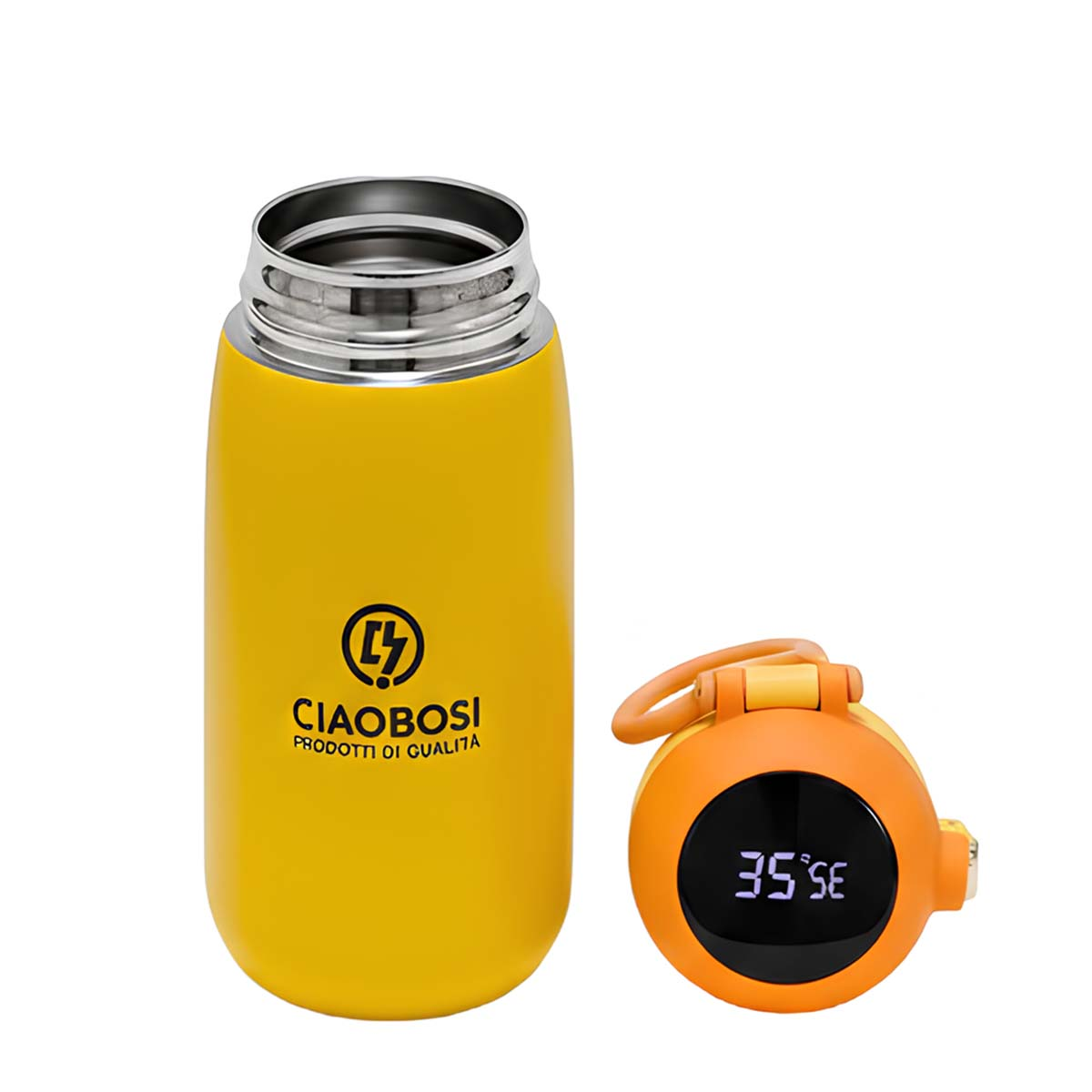 Una botella termo amarilla junto a una tapa naranja con pantalla digital de temperatura.