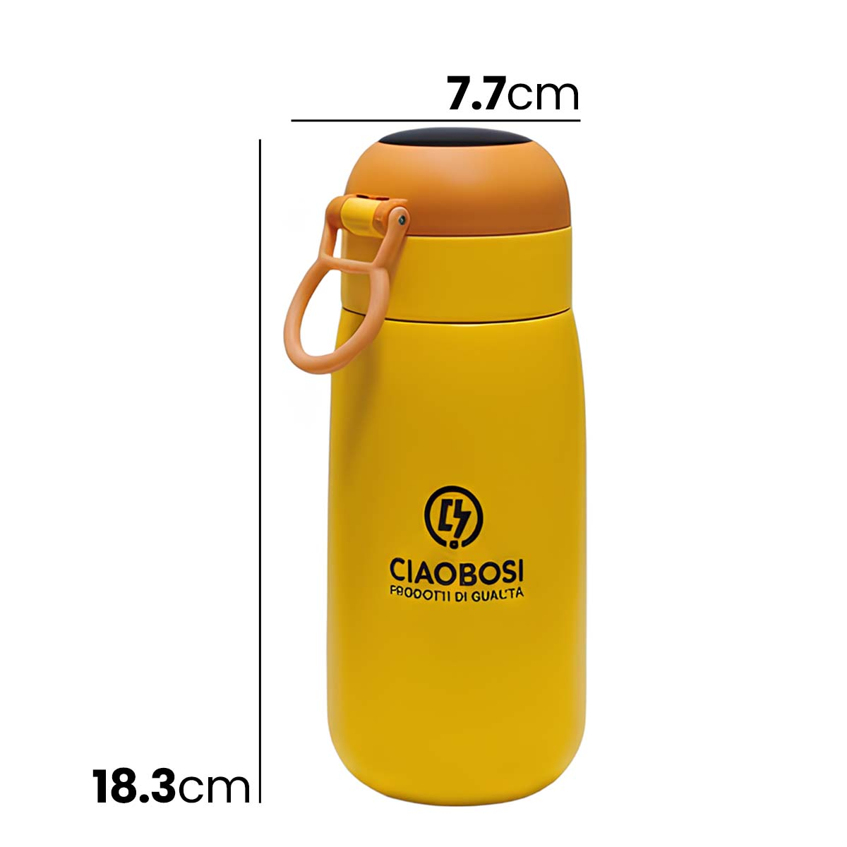 Termo amarillo con tapa y asa naranja. Mide 18,3 cm de alto.
