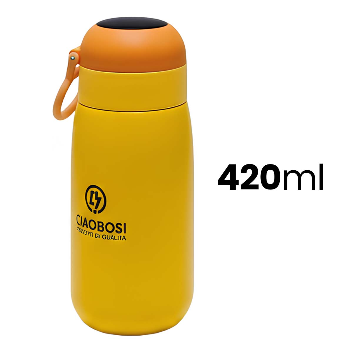 Termo amarillo con tapa y asa naranja. Capacidad de 420ml.