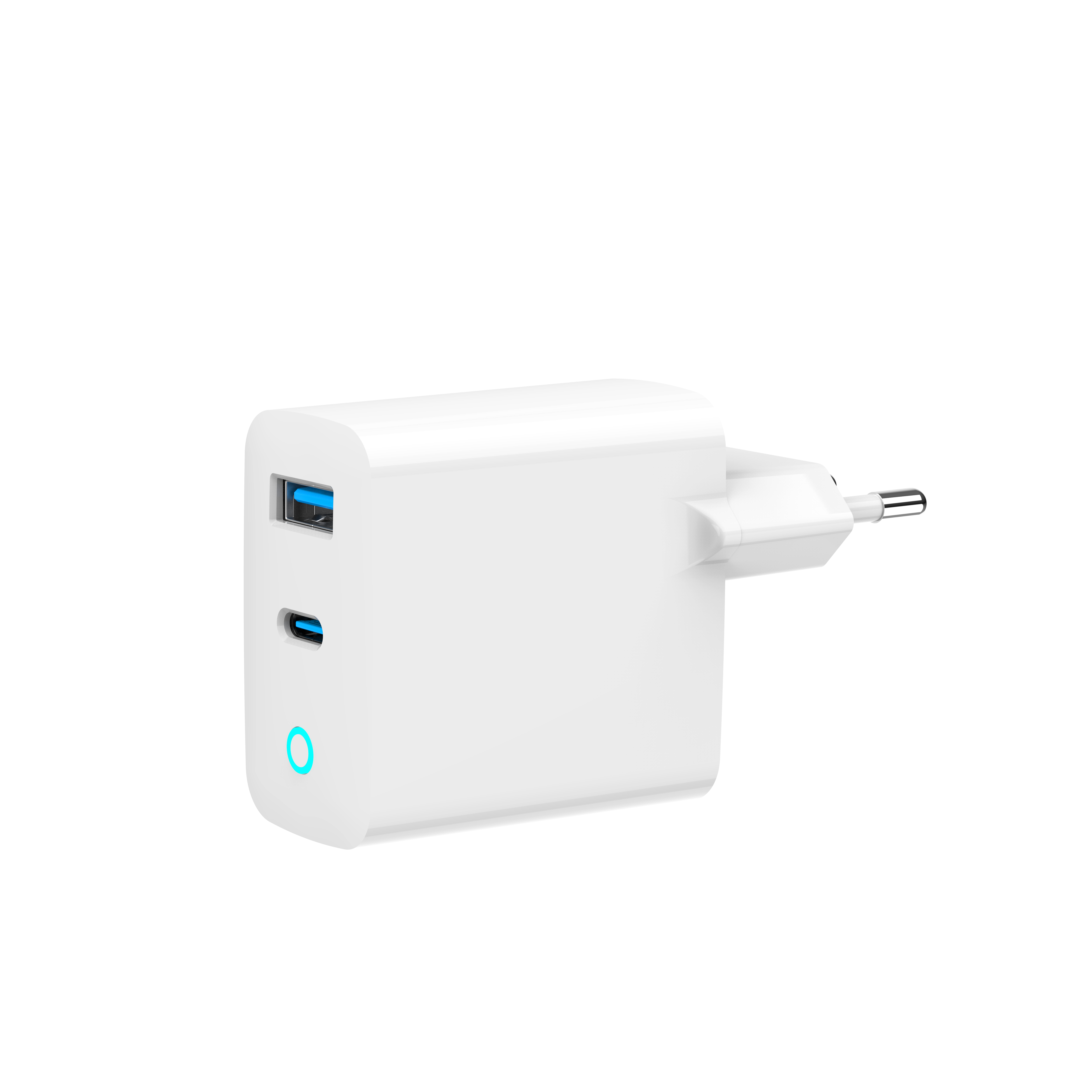 Witte USB-C lader met blauwe USB-A poort en verlichte cirkel.
