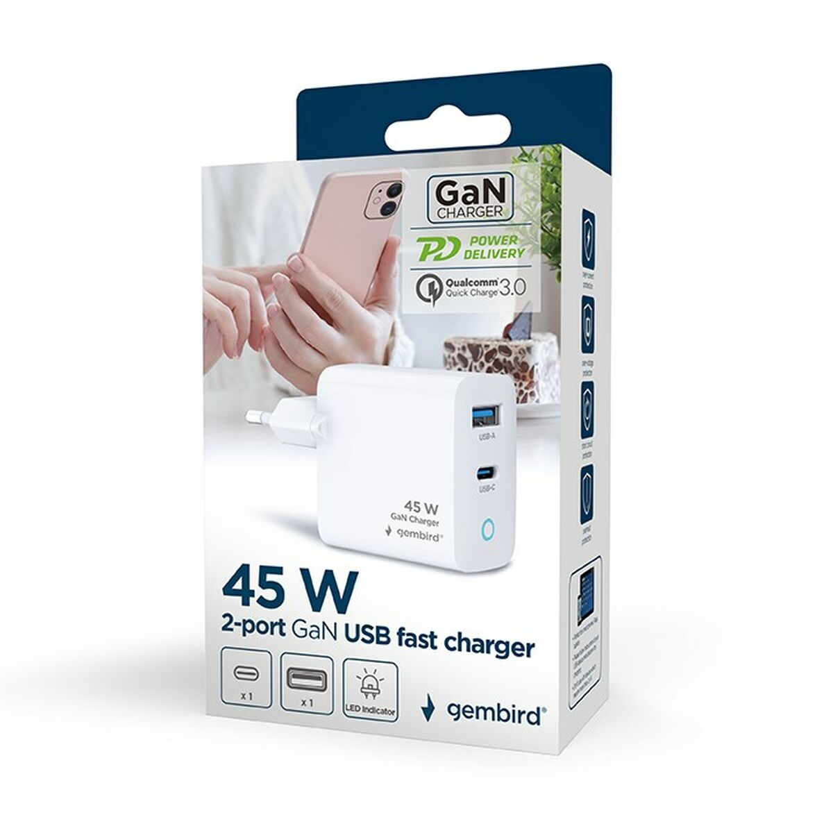 Verpakking van een witte 45W 2-poorts GaN USB-snellader.