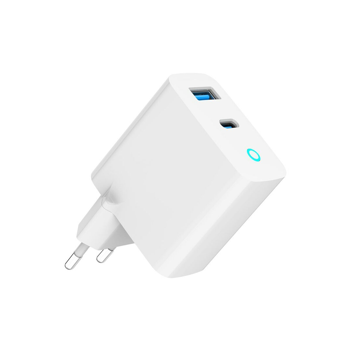 Een witte reisadapter met twee USB-poorten en een blauwe cirkelindicator.