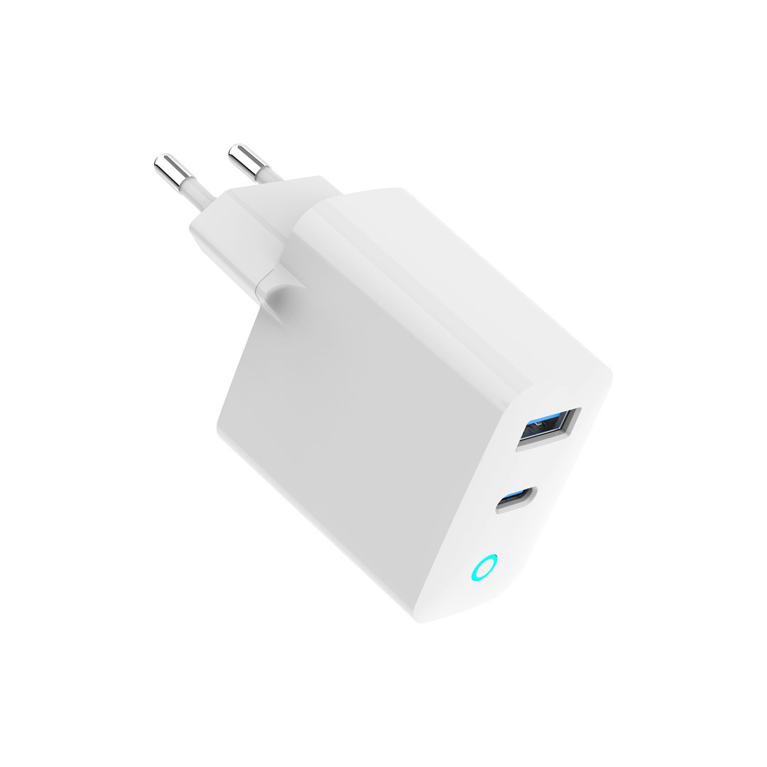 Een witte USB-C lader met twee poorten en een blauwe cirkel-LED.