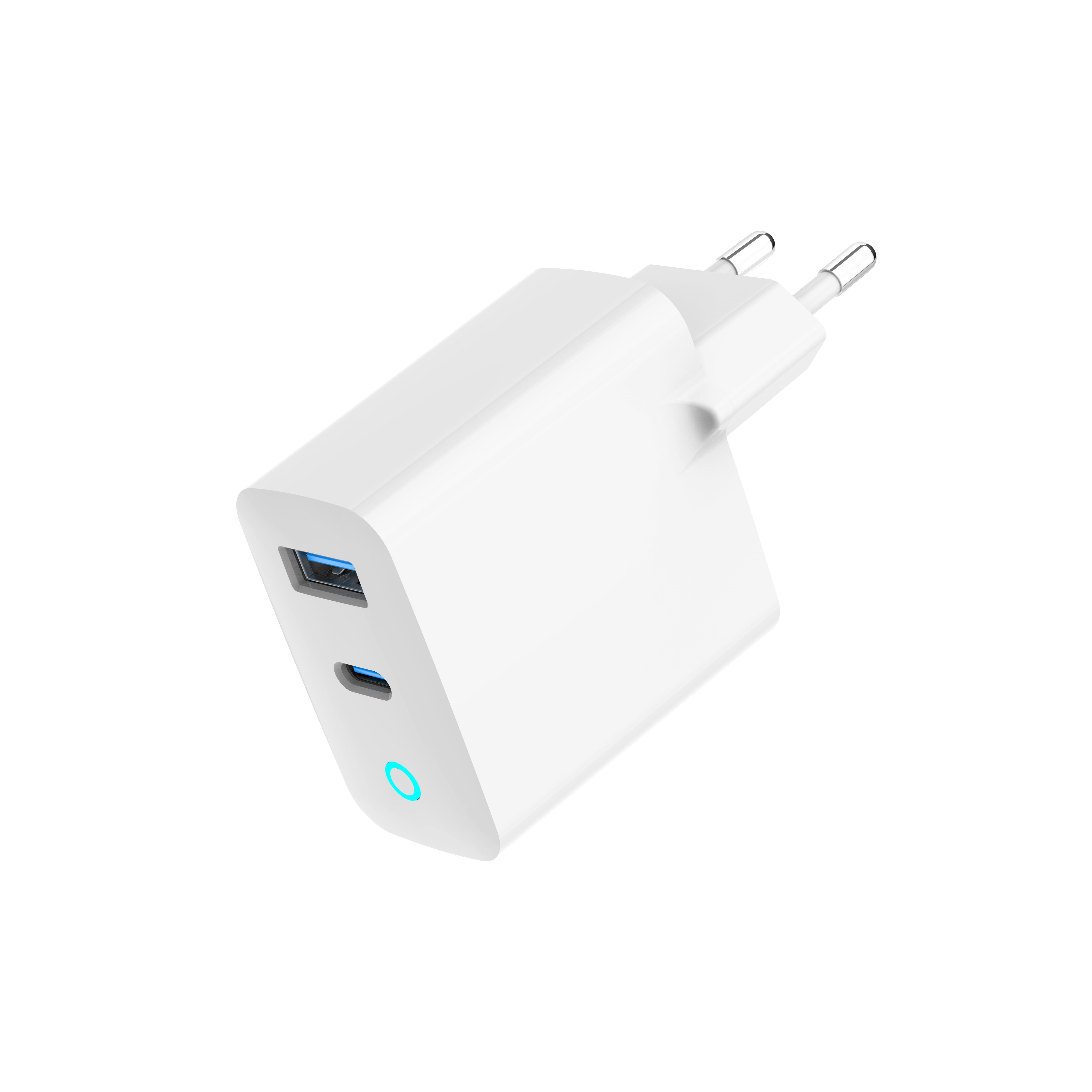 Een witte USB-C lader met een USB-A en een USB-C poort.