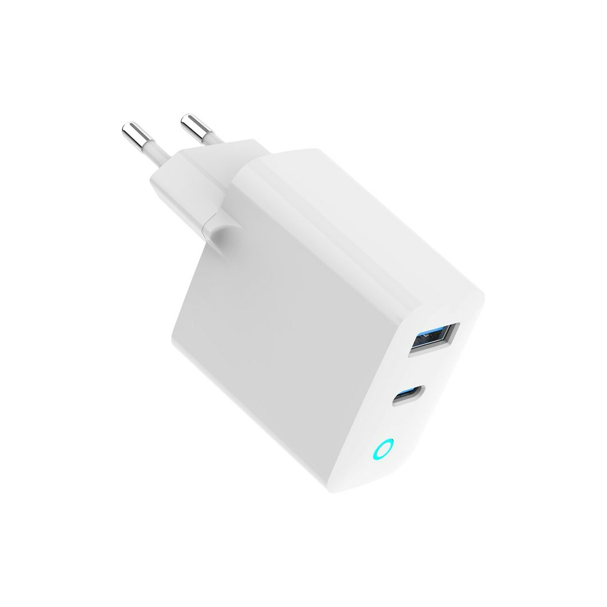 Een witte stroomadapter met twee USB-poorten en één USB-C-poort.