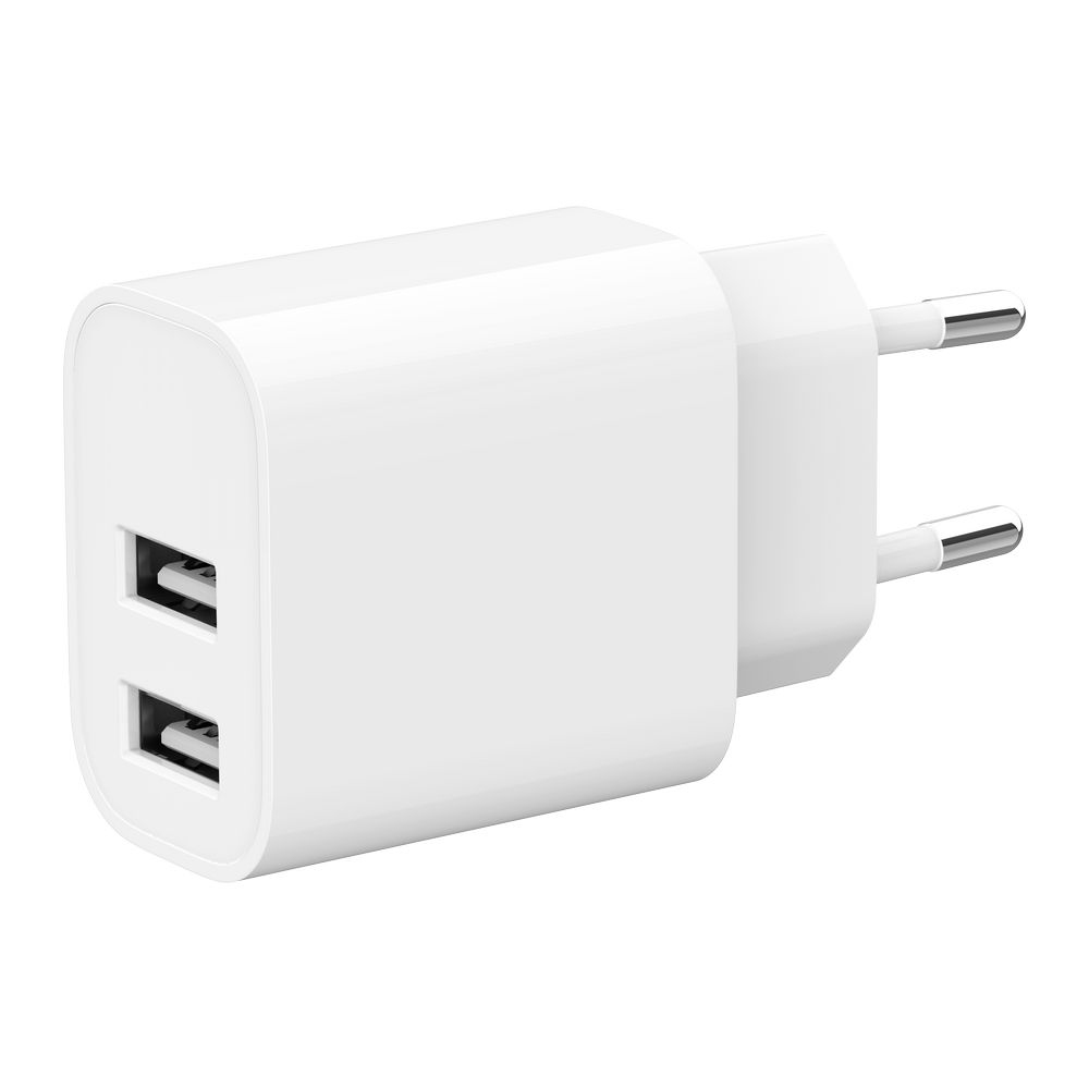 Un adaptateur USB blanc à double port avec deux broches de type européen.