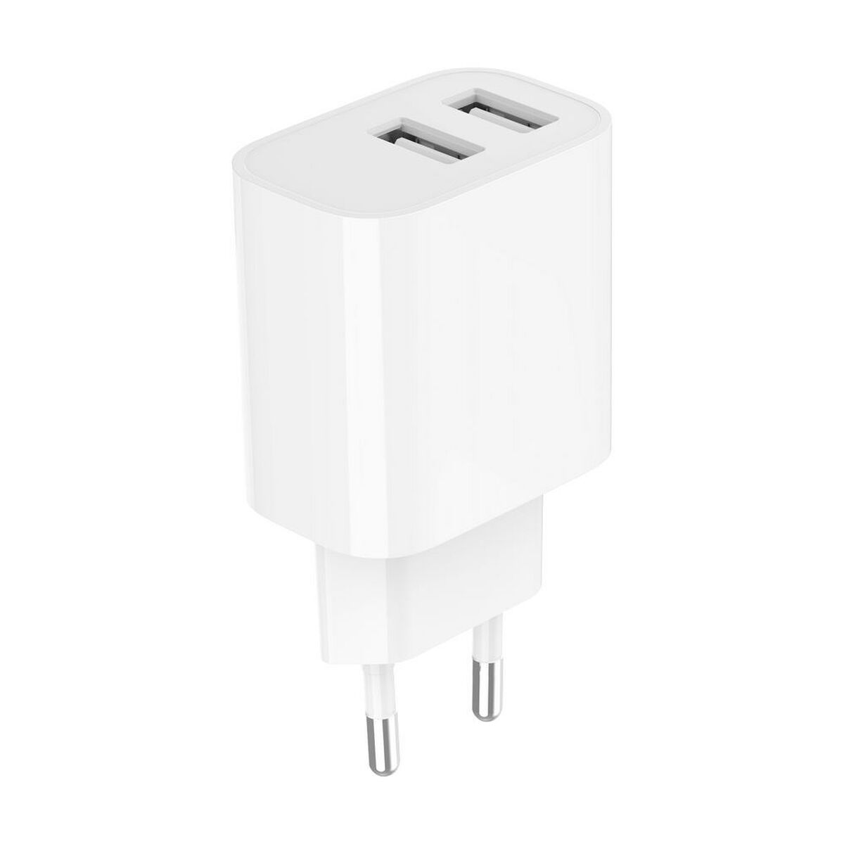Un adaptateur de chargeur USB blanc avec deux ports USB et deux broches de prise européenne.
