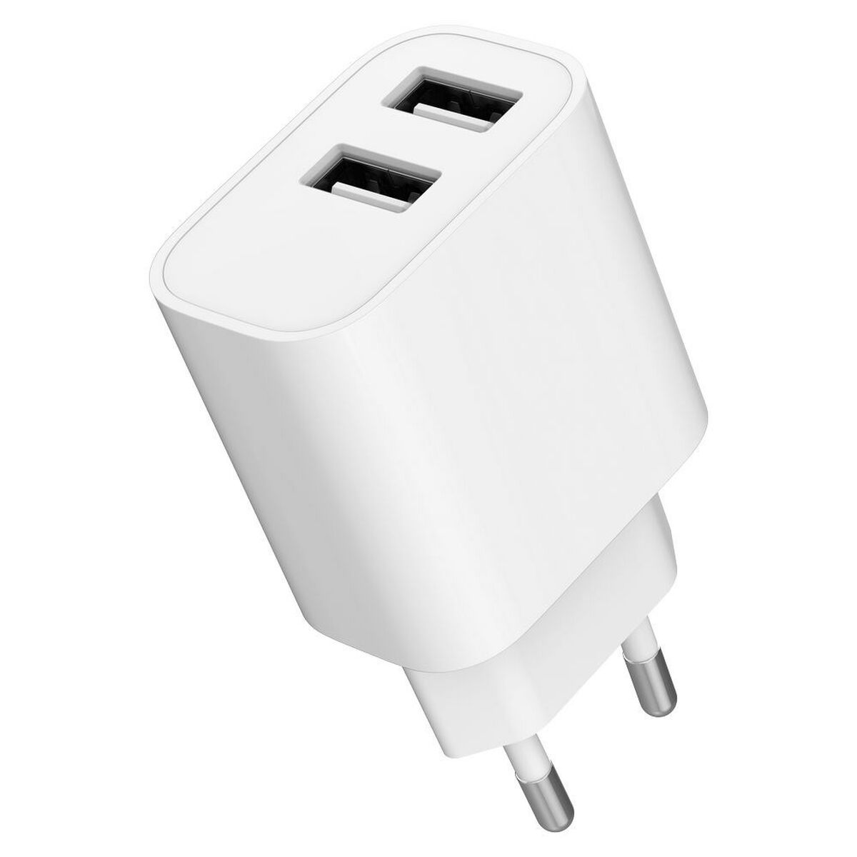 Un adaptateur de chargeur USB blanc avec deux ports et deux broches métalliques.