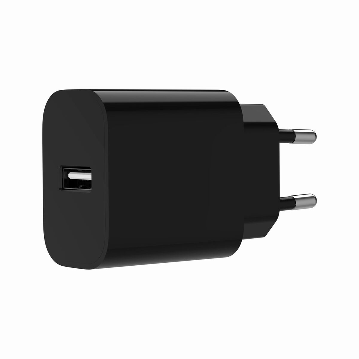 Een zwarte USB-oplader met twee metalen pinnen en één USB-poort.