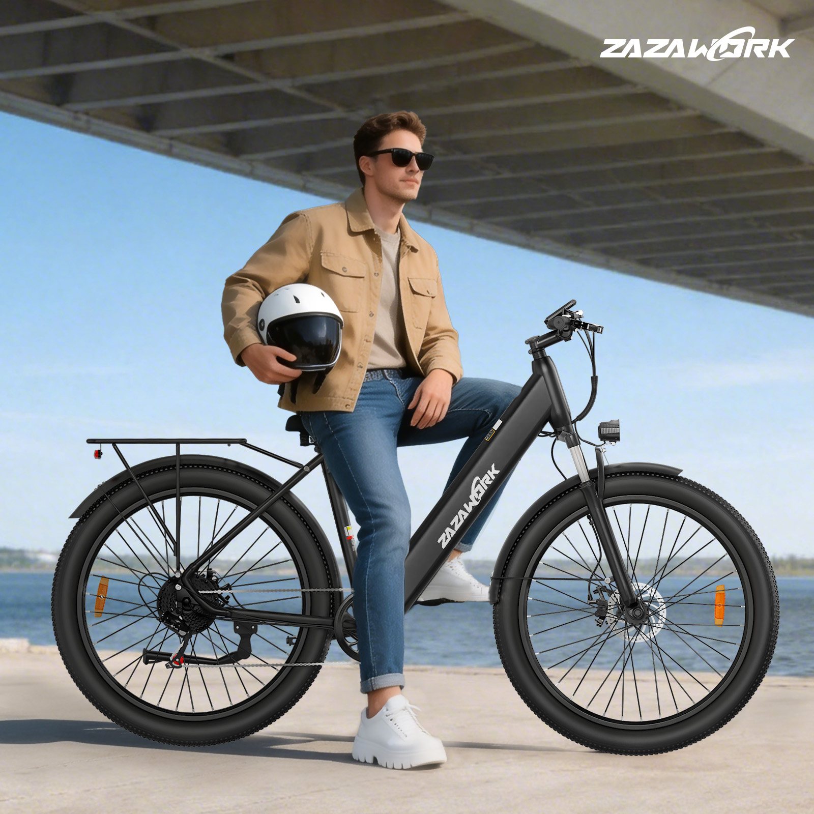 Mężczyzna w beżowej kurtce siedzi na czarnym rowerze elektrycznym, trzymając biały kask.
