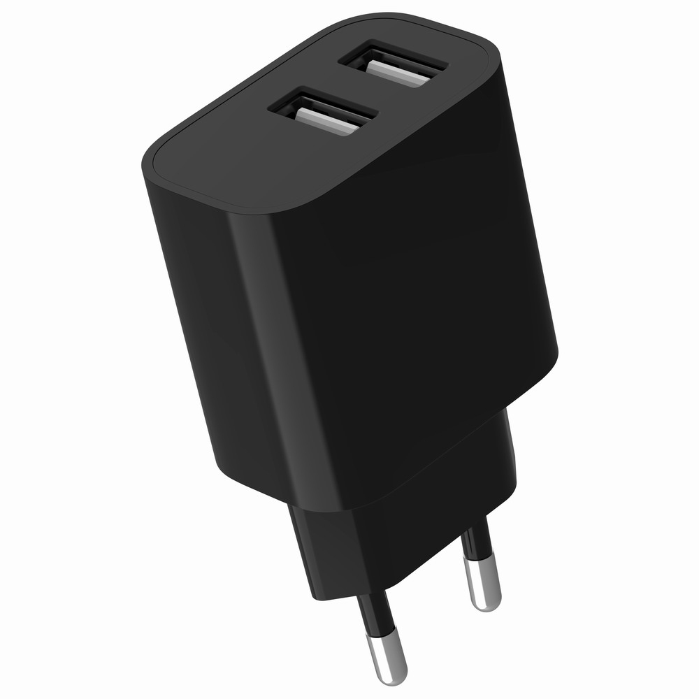 Een zwarte USB-oplader met twee poorten en twee metalen pinnen.