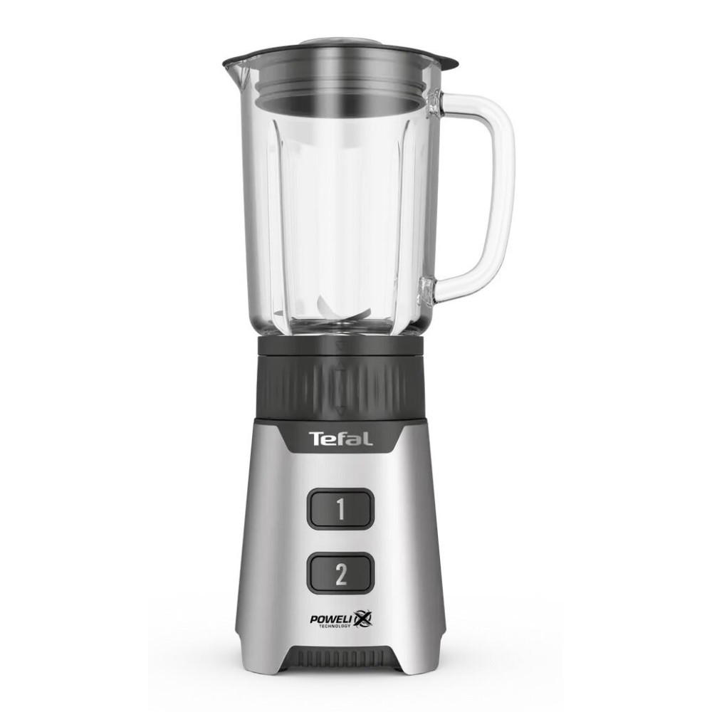 Srebrny blender ze szklanym dzbankiem i dwoma przyciskami prędkości.
