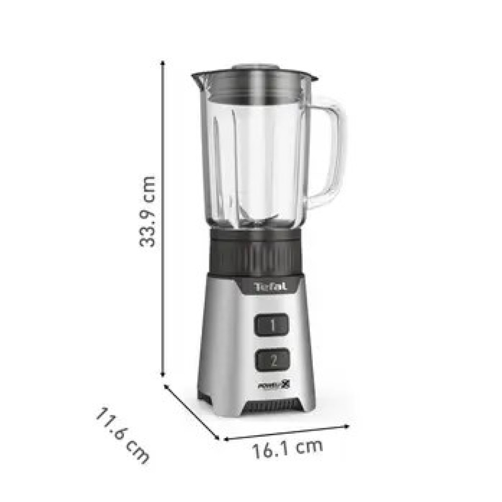 Srebrny blender Tefal ze szklanym dzbankiem i dwoma ustawieniami prędkości.