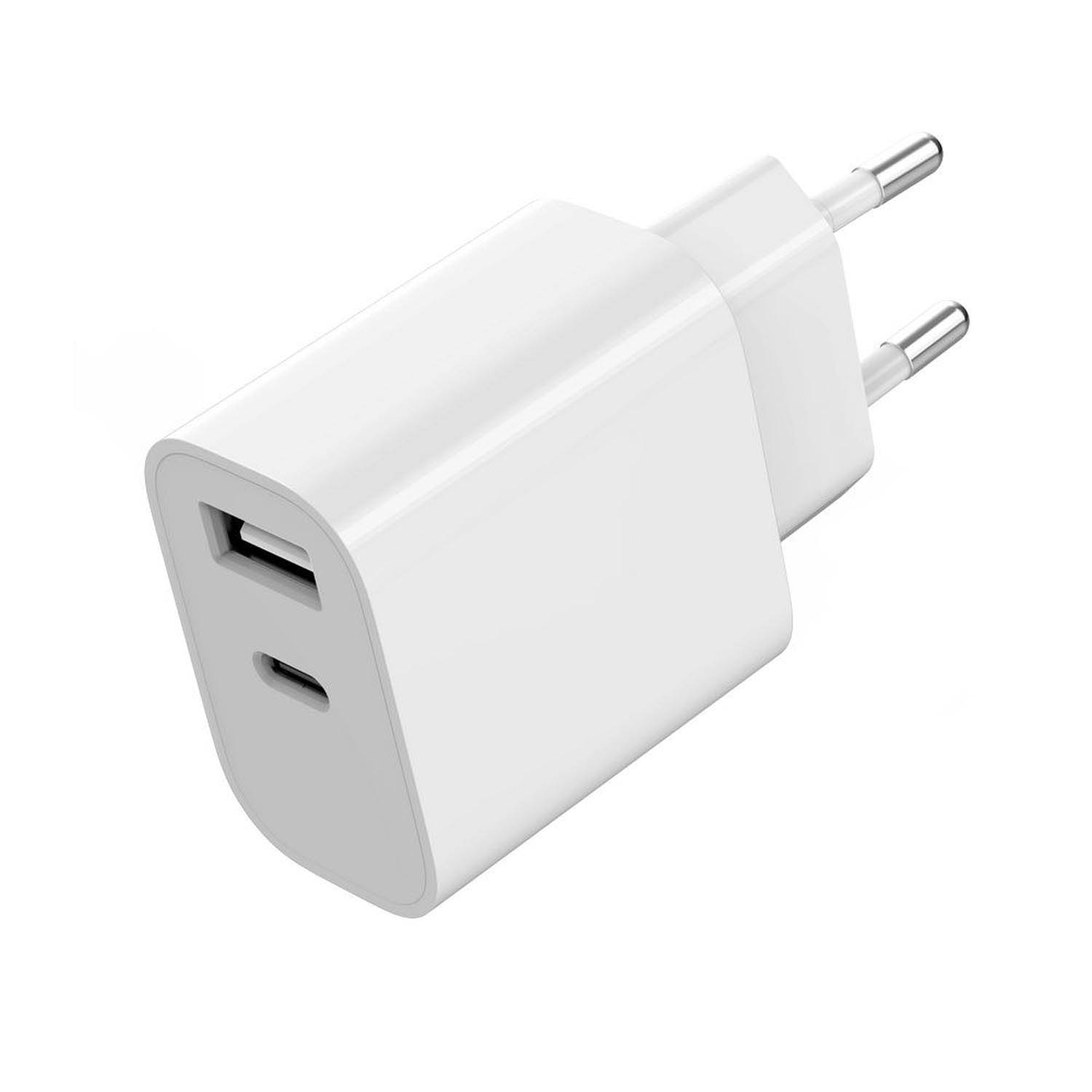 Adaptateur secteur USB blanc avec deux ports USB et deux broches métalliques.