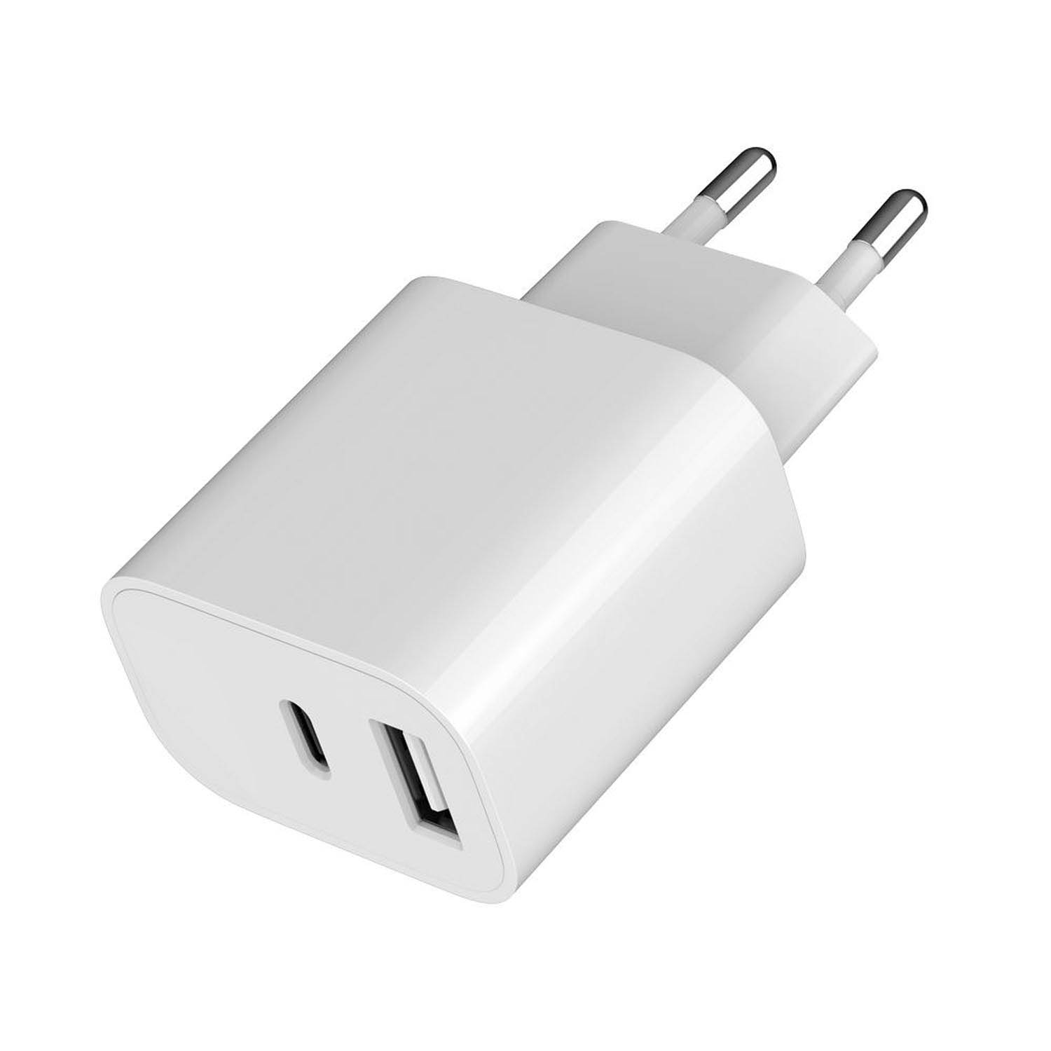 Une prise de charge USB blanche avec deux ports USB et deux broches.