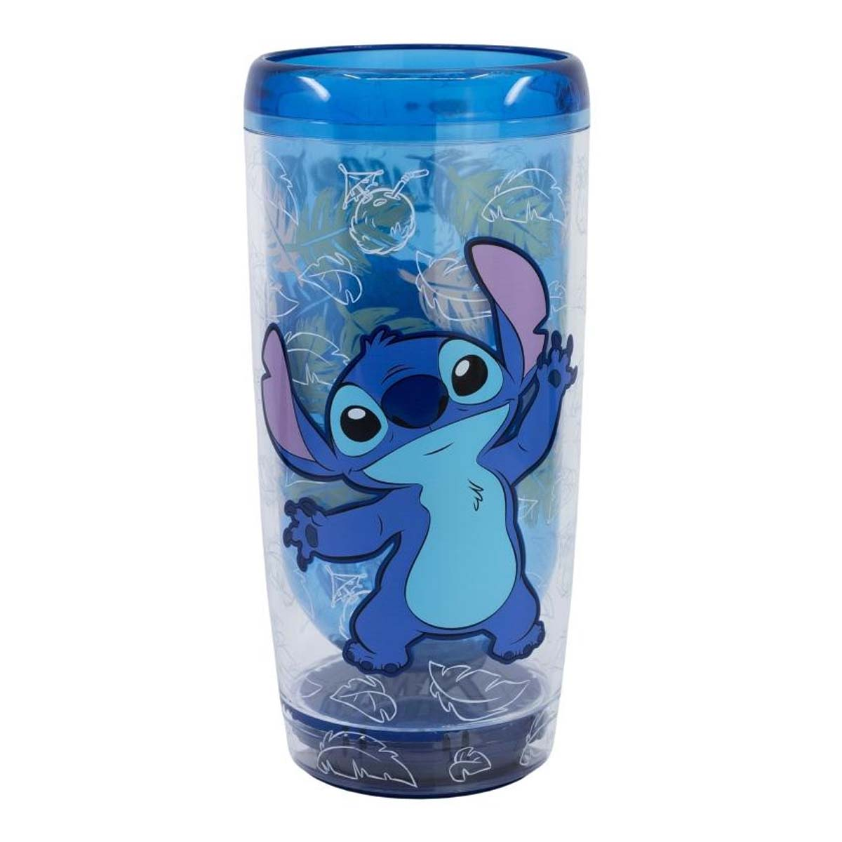 Bicchiere blu con Stitch e foglie tropicali.