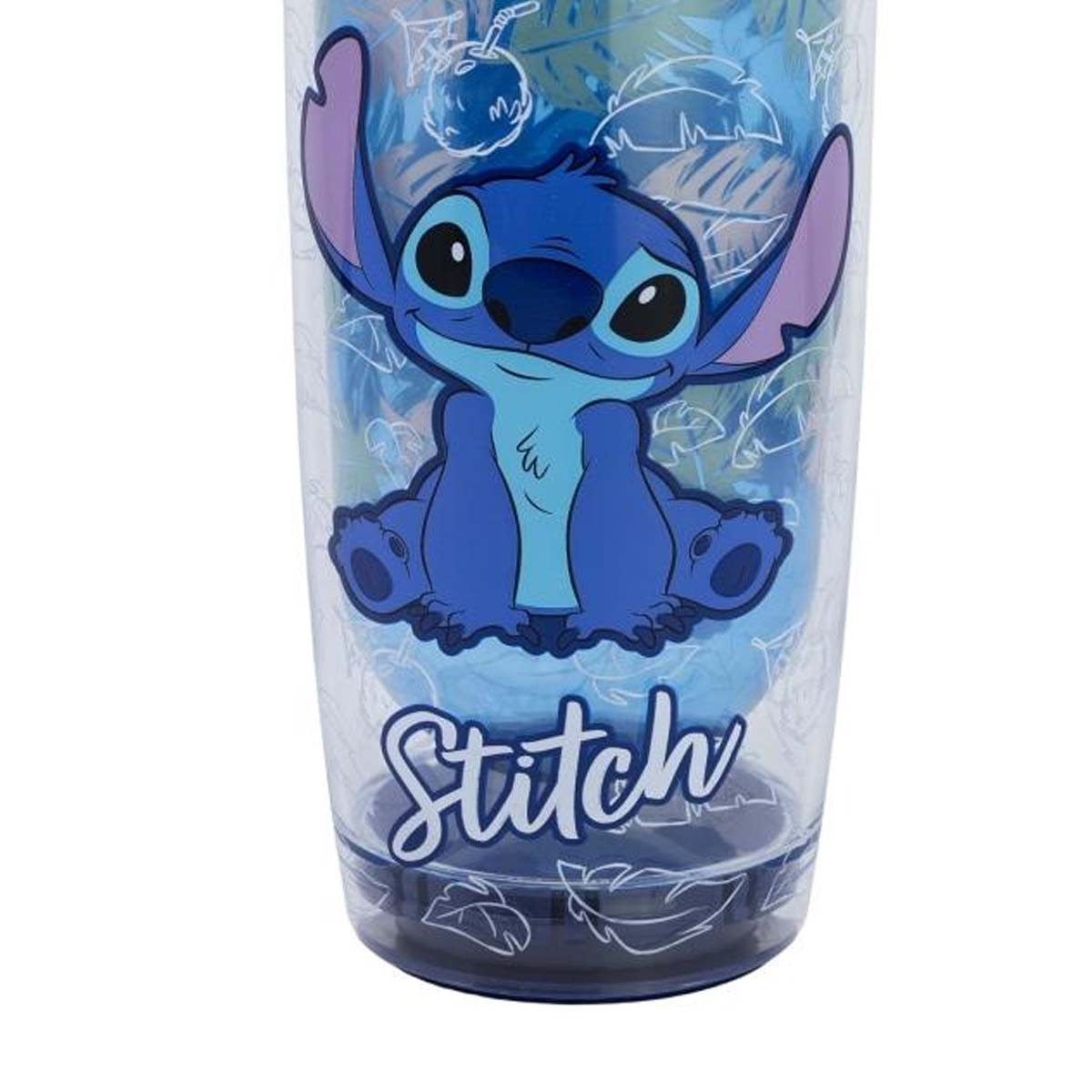 Un bicchiere blu con il personaggio Stitch seduto e sorridente. Sotto c'è la scritta "Stitch".