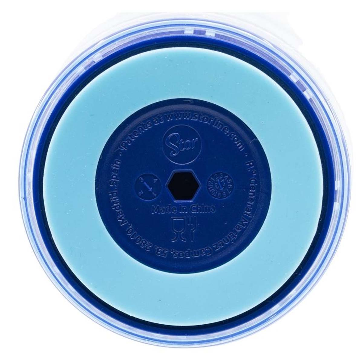 Un coperchio blu con testo e logo Star. Made in China.