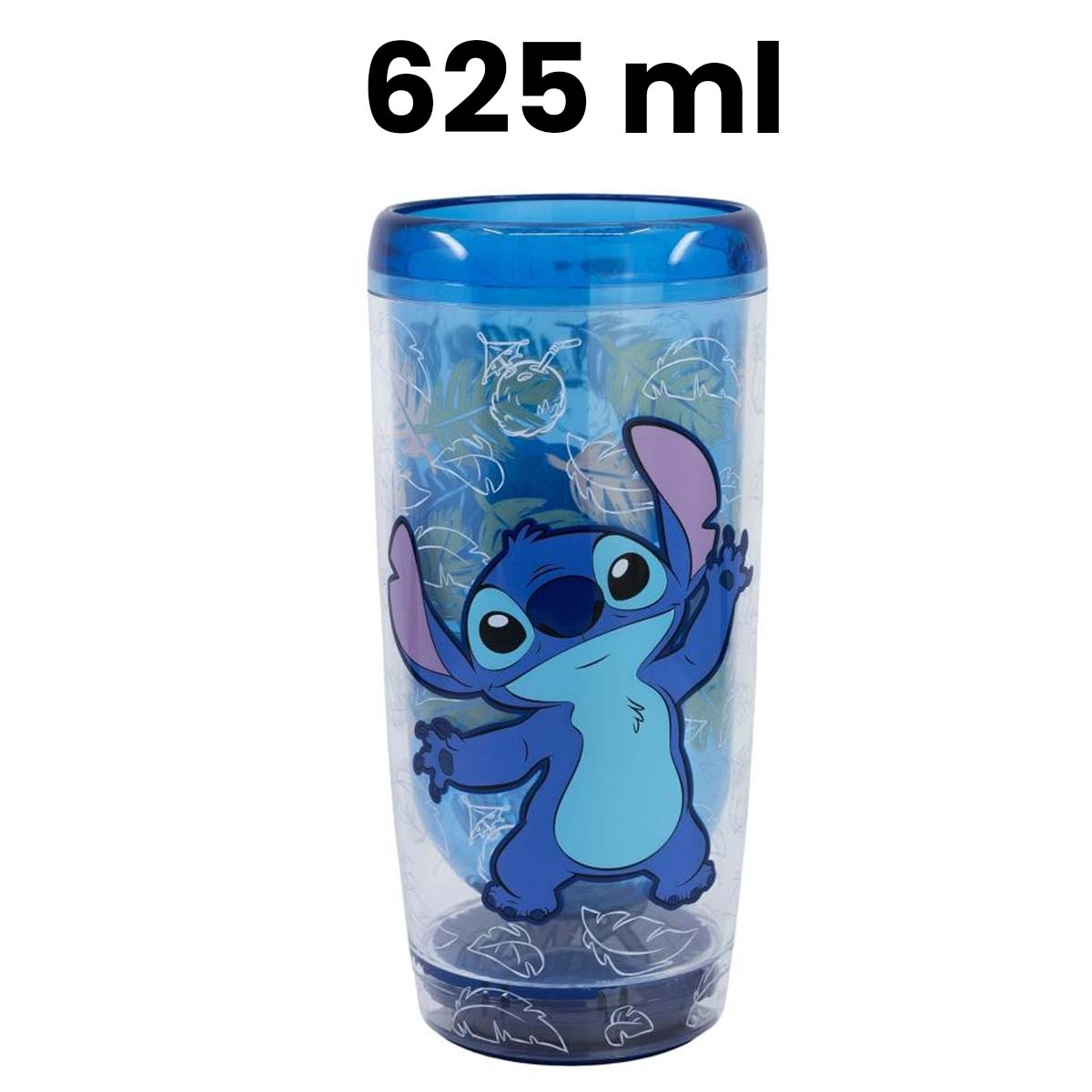 Bicchiere blu da 625 ml con Stitch e motivo a foglie tropicali.