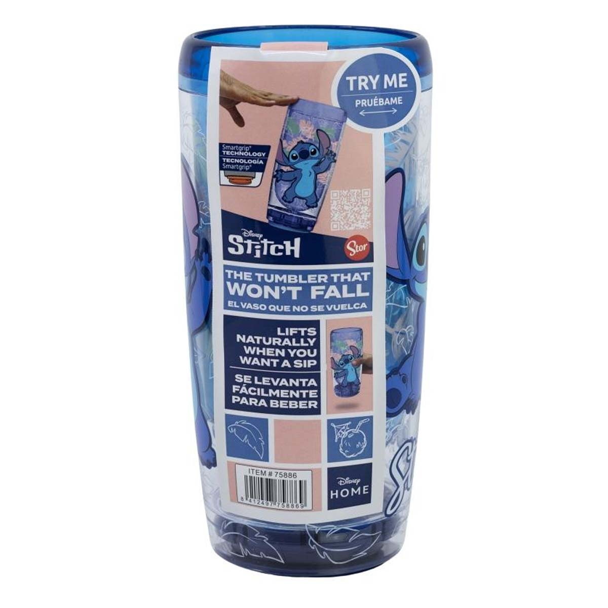 Un bicchiere blu Disney Stitch con stampa e testo in inglese e spagnolo.