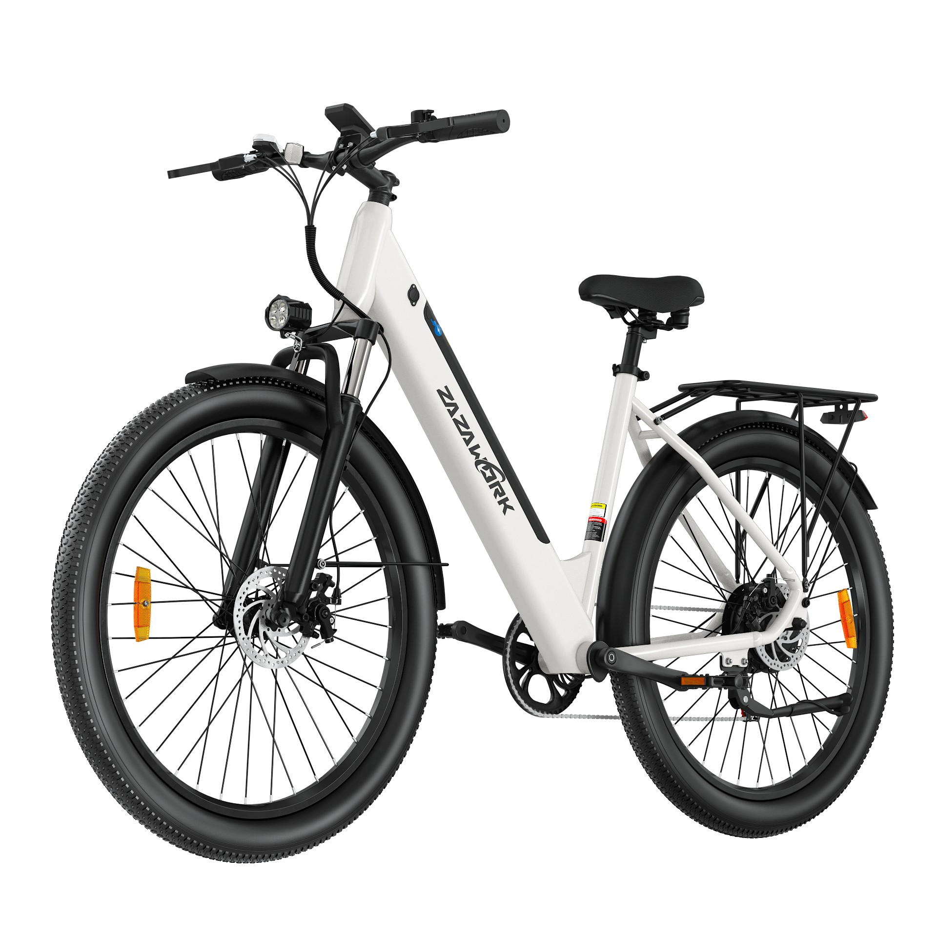 Biały rower elektryczny z czarnymi oponami, obręczami i akcesoriami.