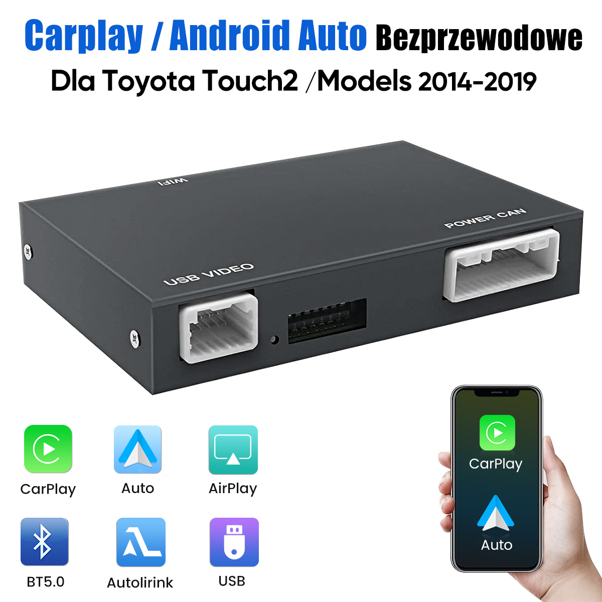 Czarny moduł Carplay/Android Auto do Toyota Touch2 (2014-19) z portami i ikonami.