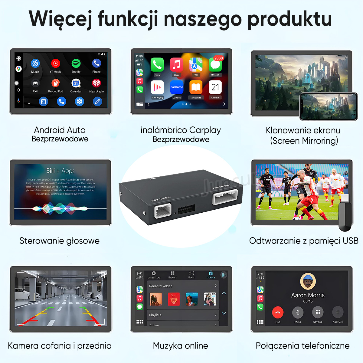 Przegląd produktu z 9 ekranami pokazującymi Android Auto, Carplay, Screen Mirroring, sterowanie głosowe, odtwarzanie USB, kamerę, muzykę i rozmowy telefoniczne.
