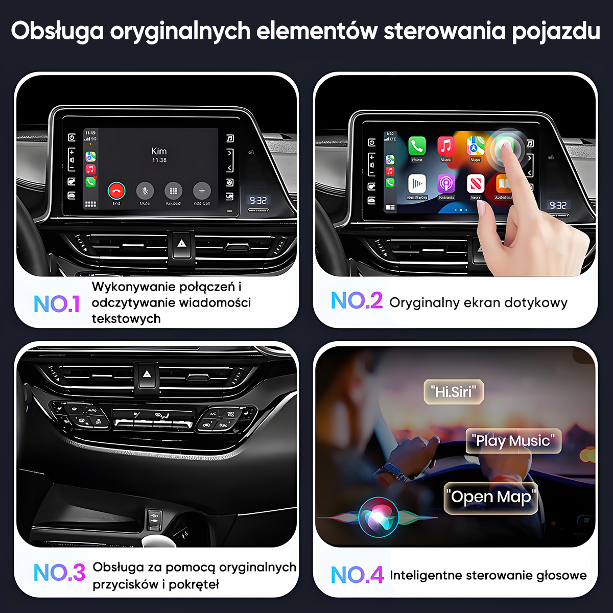 Cztery obrazy pokazują systemy infotainment samochodowe: telefon, ekran dotykowy, przyciski, sterowanie głosowe.