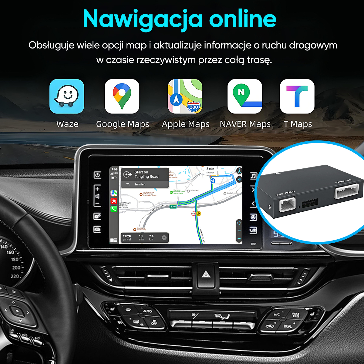 Deska rozdzielcza samochodu z nawigacją online, aplikacjami map jak Waze, Google.