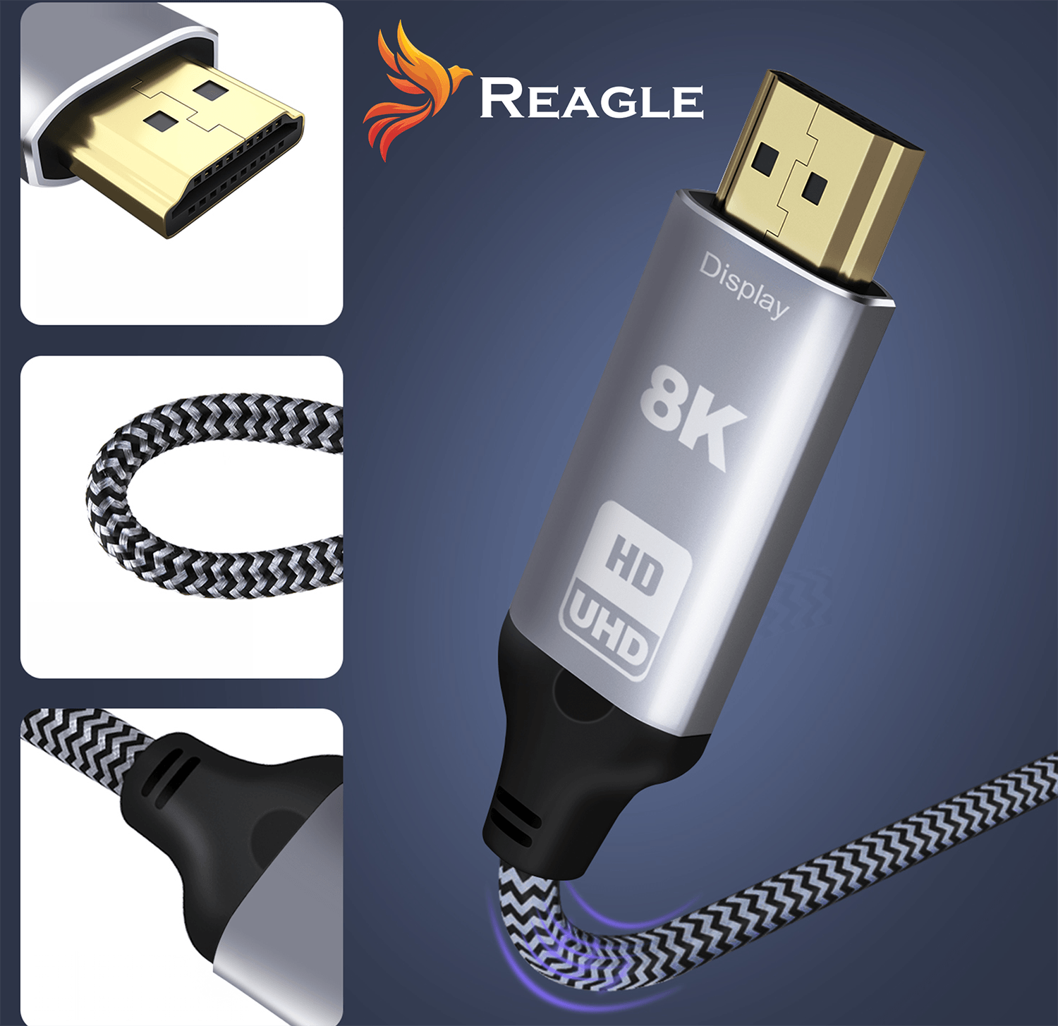 Kabel HDMI z obsługą 8K UHD, srebrny, czarno-biała pleciona tekstura.