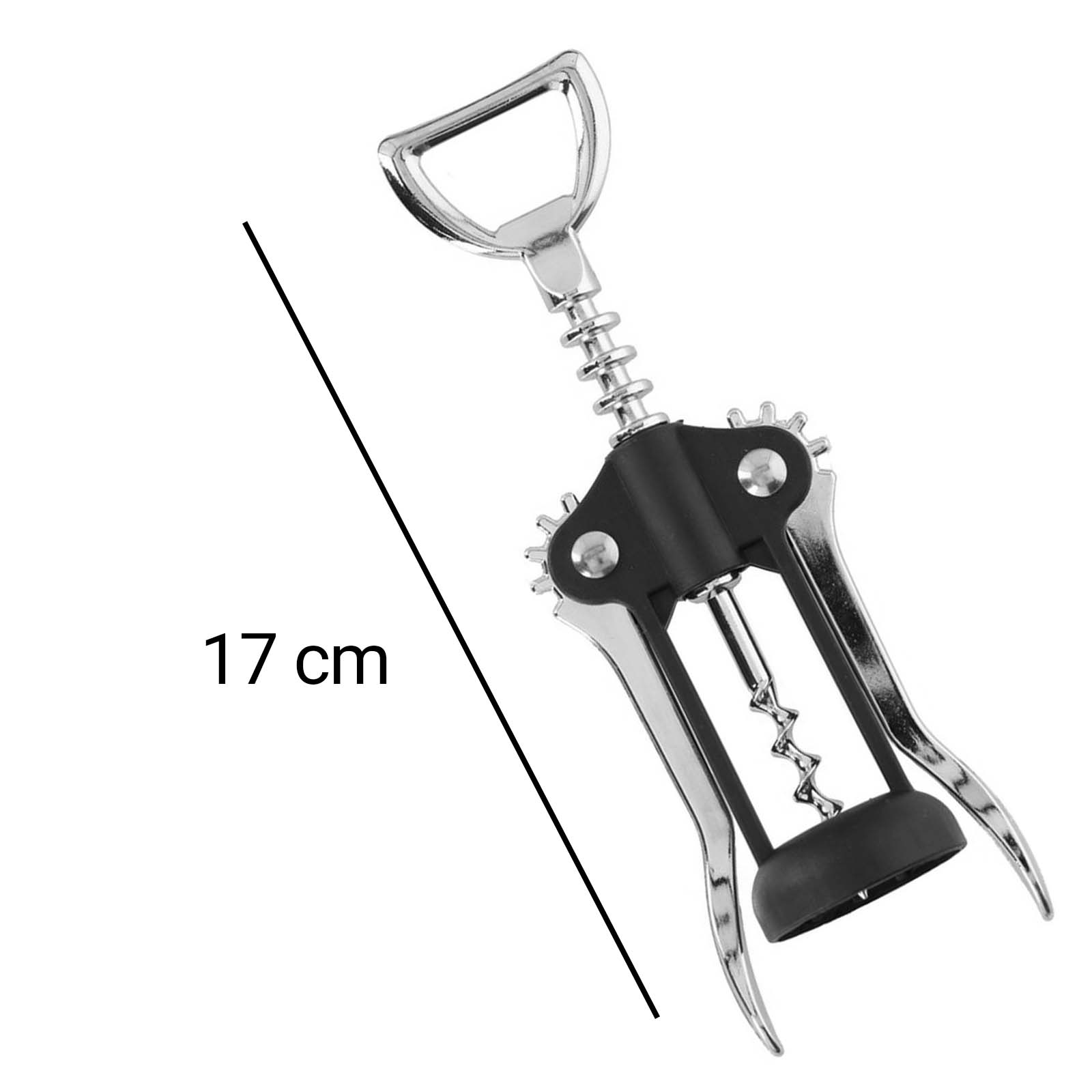 Un cavatappi argentato con manico nero, misura 17 cm.