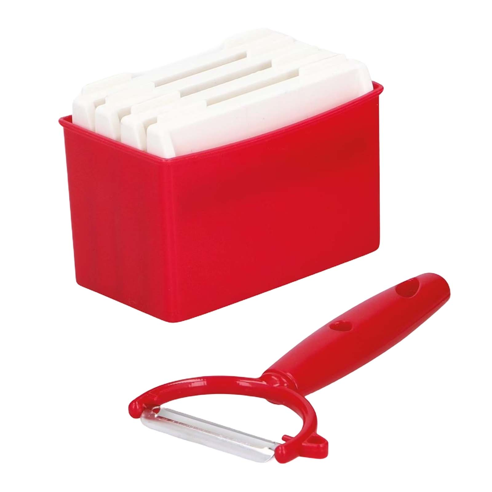 Contenitore rosso con inserti bianchi e un pelapatate rosso accanto.