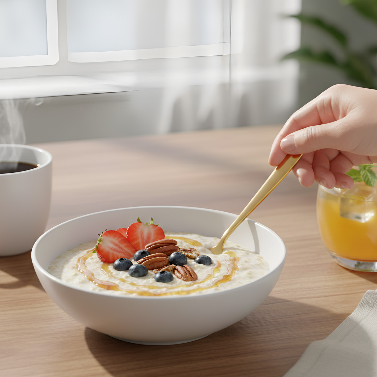 Una ciotola di fiocchi d'avena con bacche e noci, accanto a una tazza di caffè e un succo.