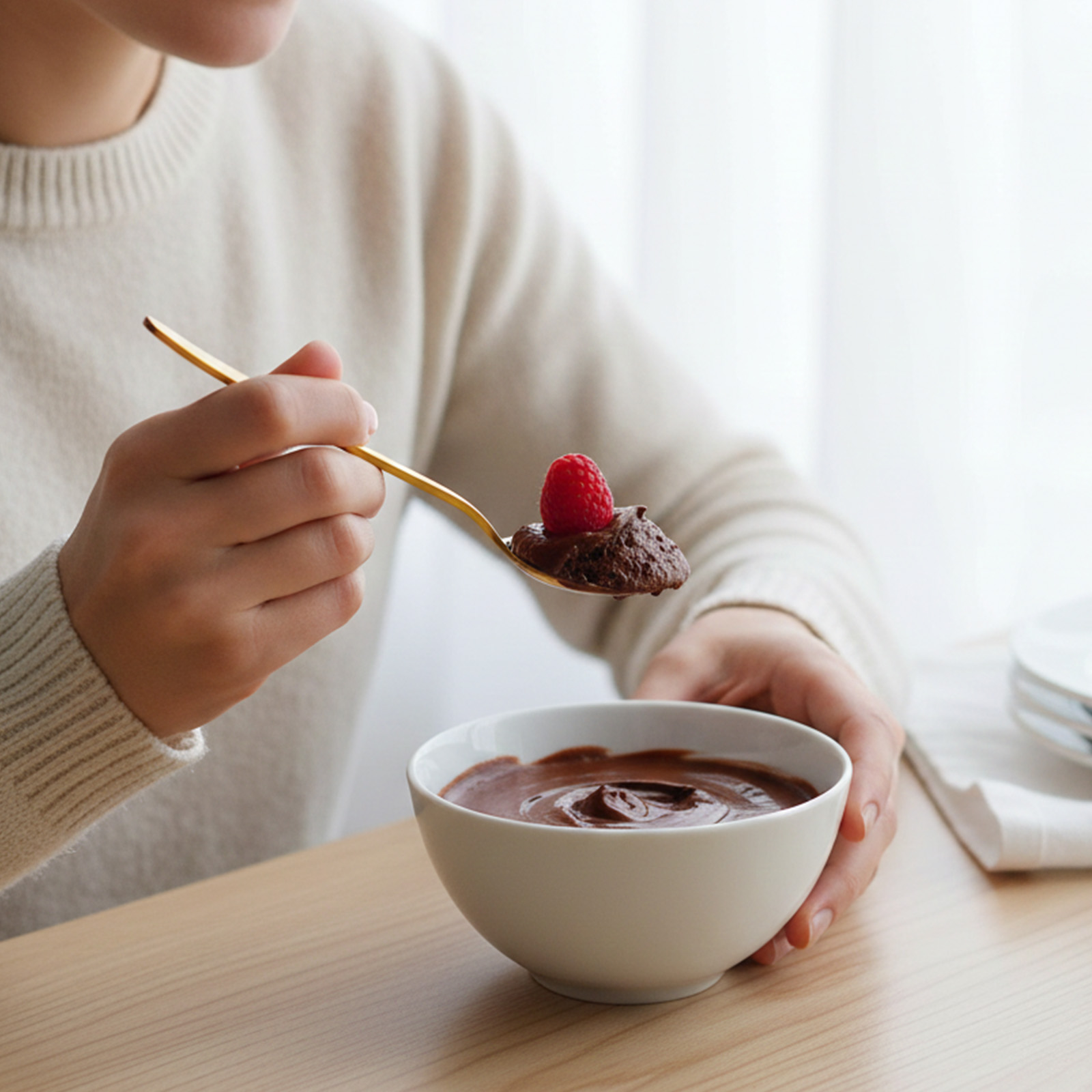 Una persona con un maglione color crema mangia mousse al cioccolato con un lampone da un cucchiaio d'oro.