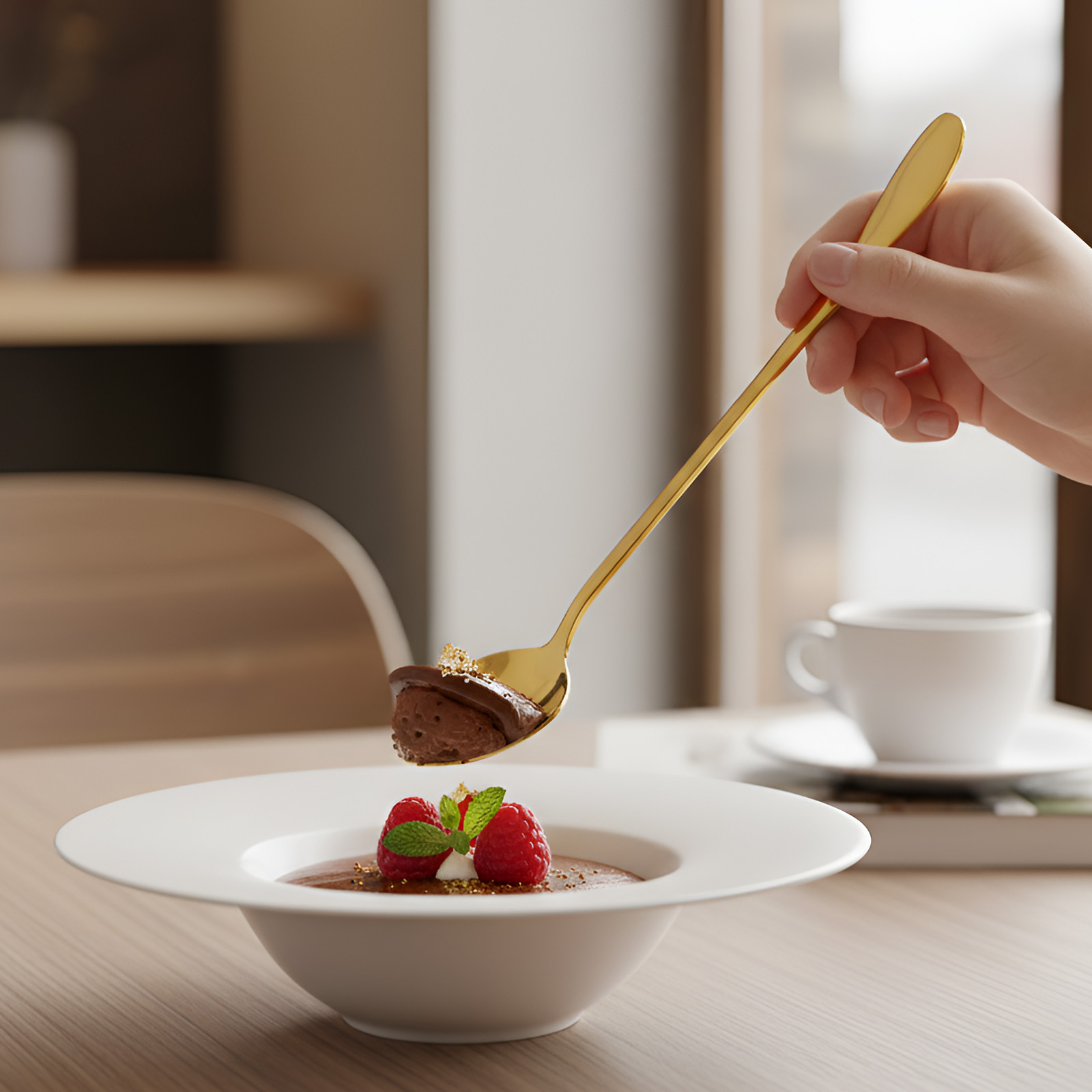 Mousse al cioccolato su cucchiaio con lamponi, menta e panna in ciotola.