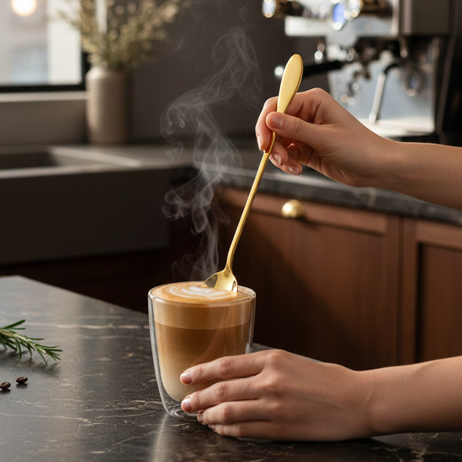 Una mano mescola un latte macchiato fumante in un bicchiere con un cucchiaio d'oro.