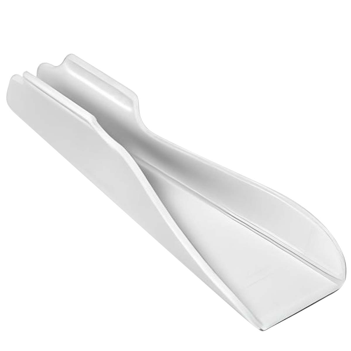Un raschietto di plastica bianco e stretto con manico e bordo largo.