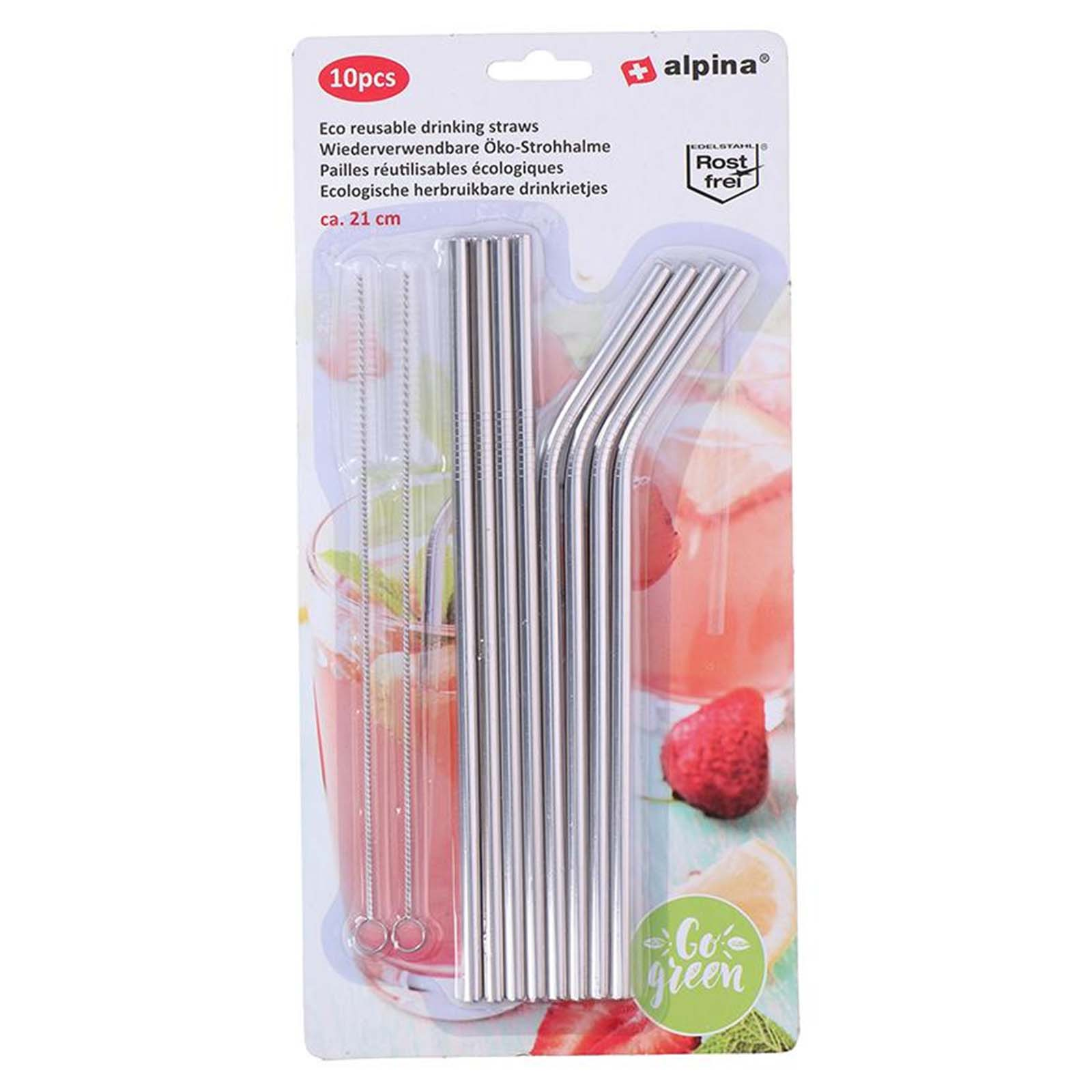 Confezione da 10 cannucce riutilizzabili in acciaio inox, circa 21 cm.