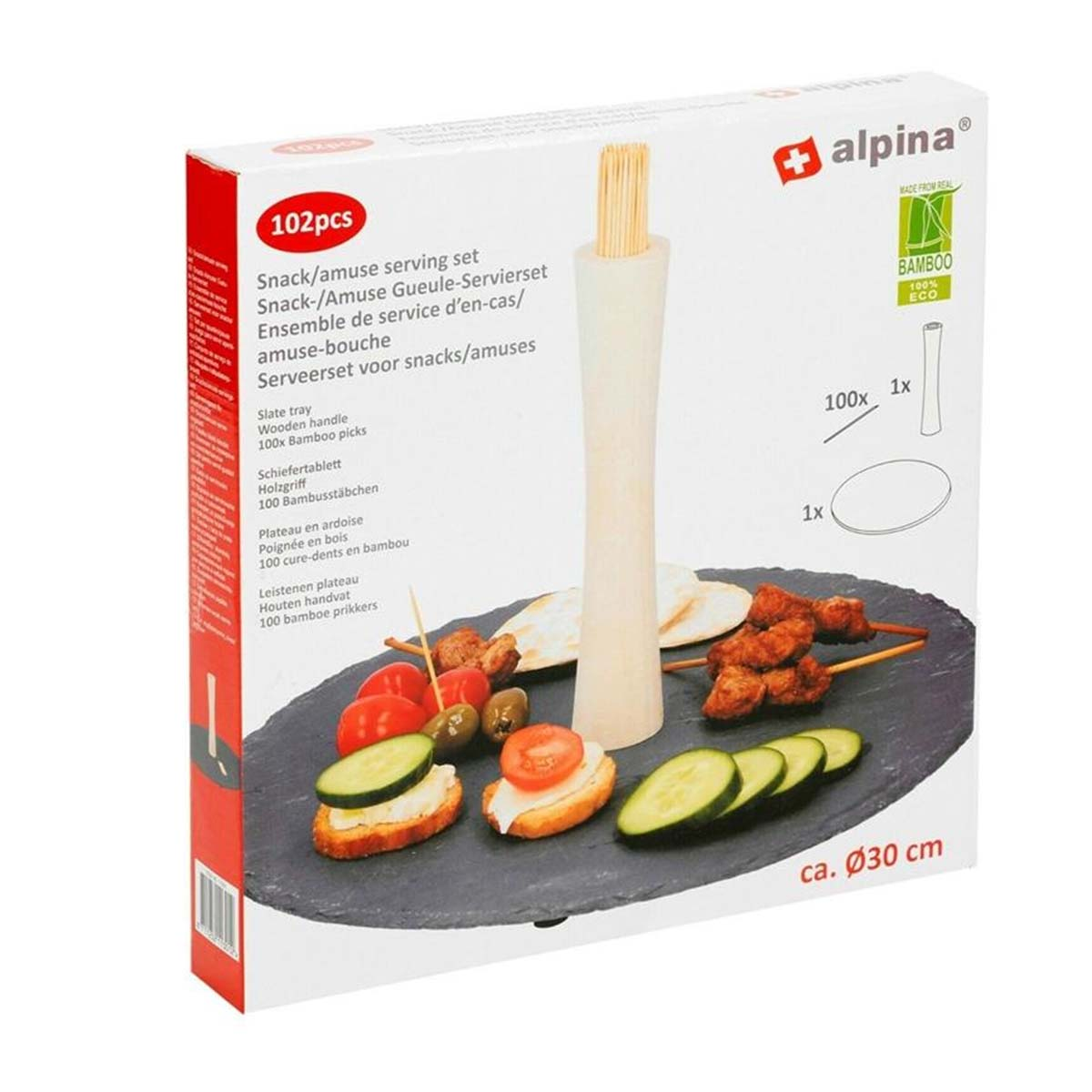 Un vassoio di ardesia con snack, stuzzicadenti di bambù e manico in legno.