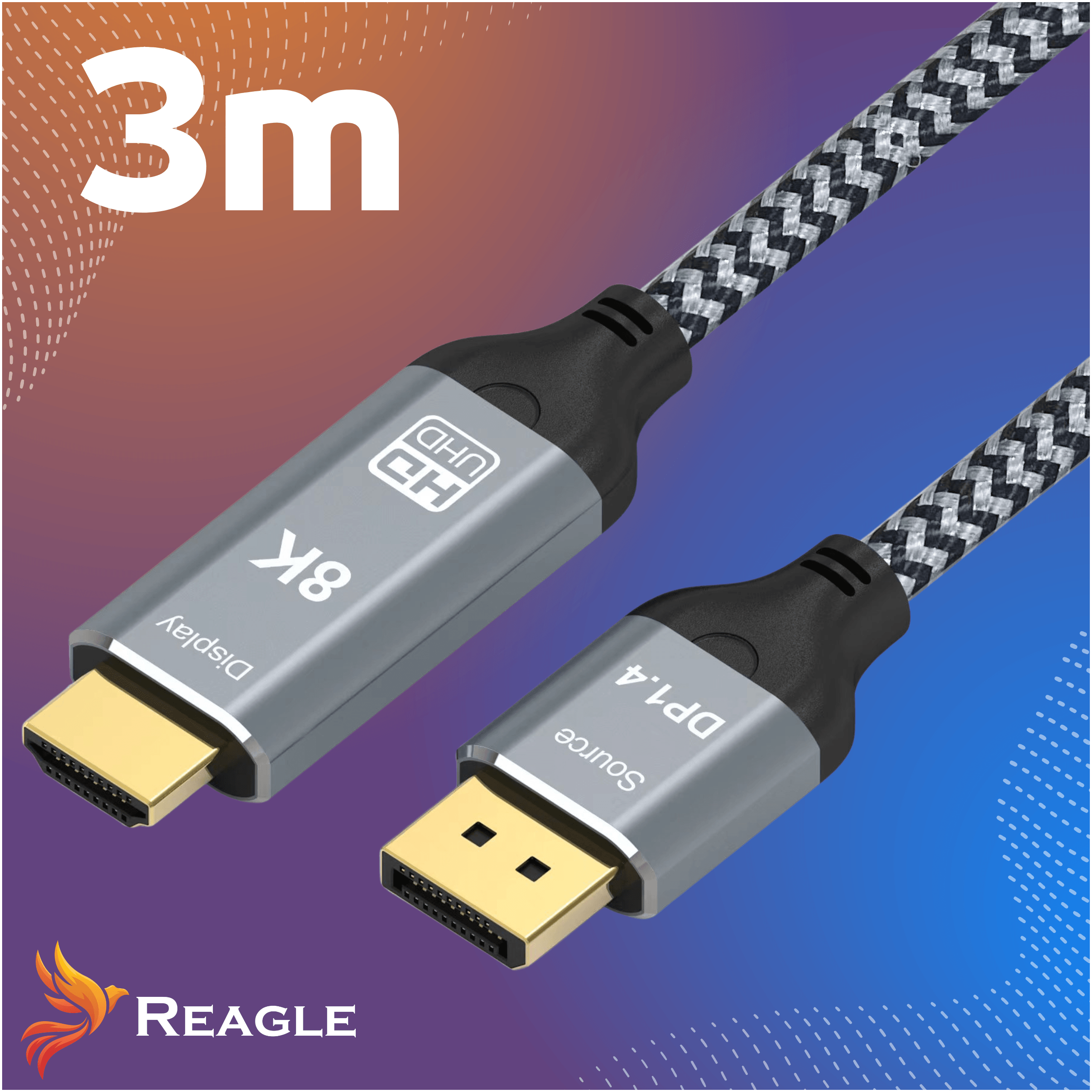 Kabel 3m z wtyczkami DisplayPort i HDMI, 8K UHD.