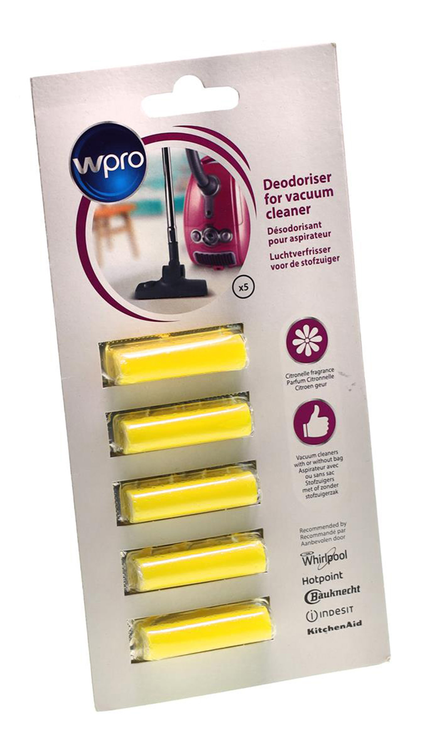 Confezione con 5 bastoncini deodoranti gialli per aspirapolvere e immagine di aspirapolvere.