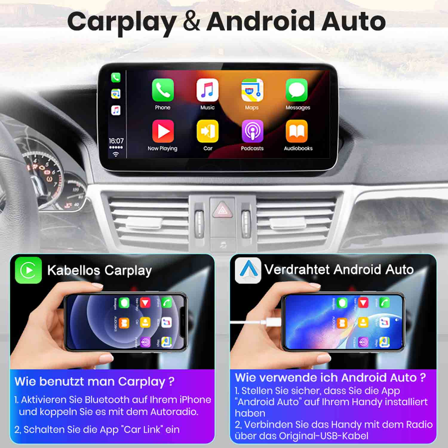 Porównanie bezprzewodowego Carplay i przewodowego Android Auto w samochodzie.