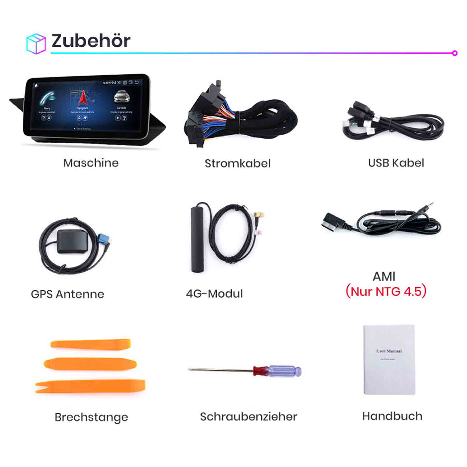 Akcesoria: Ekran, kabel zasilający, kabel USB, antena GPS, moduł 4G, AMI, narzędzia i instrukcja.